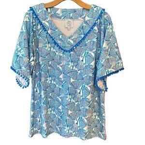 Tracy Negoshian Sz M Blue PomPom Beach Resort Vacation Relaxed Fit Top
